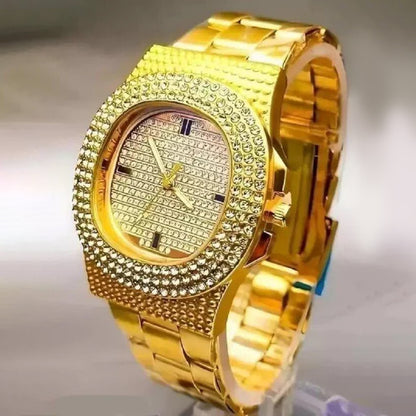 Golden Stone Studded Diamond Wrist Watch For Boys & Men